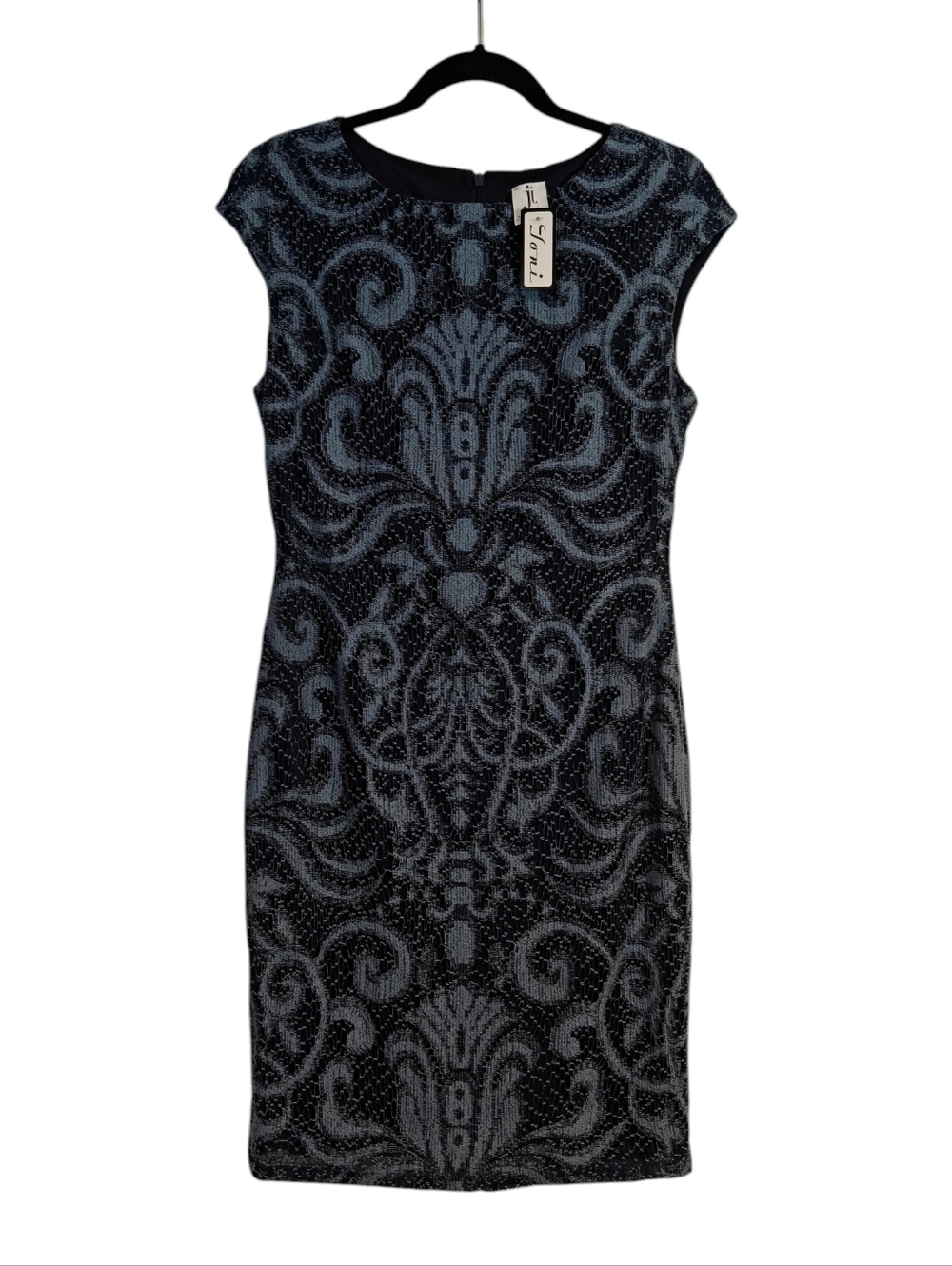 JULIA JORDAN NWT Dress Blue Sheath Crochet Capped Sleeves Denim Laced Size 8